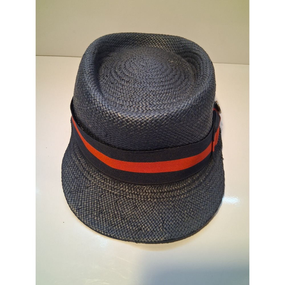 Bruno Capelo Mens Navy Blue Legionnaire Straw Fedora Hat Orange Stripe Band M